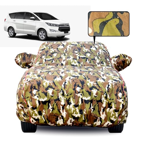 Image of Waterproof Car Body Cover for Toyota Innova Crysta with Mirror Pocket, Soft Cotton Lining, Triple Stitched, Full Bottom Elastic (Heat Resistant Jungle Print with Red Piping)
