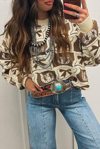 Women's Color Block Western Sweater Bows Horseshoes Print Crew Neck Long Sleeve Oversized Chunky Sweater2