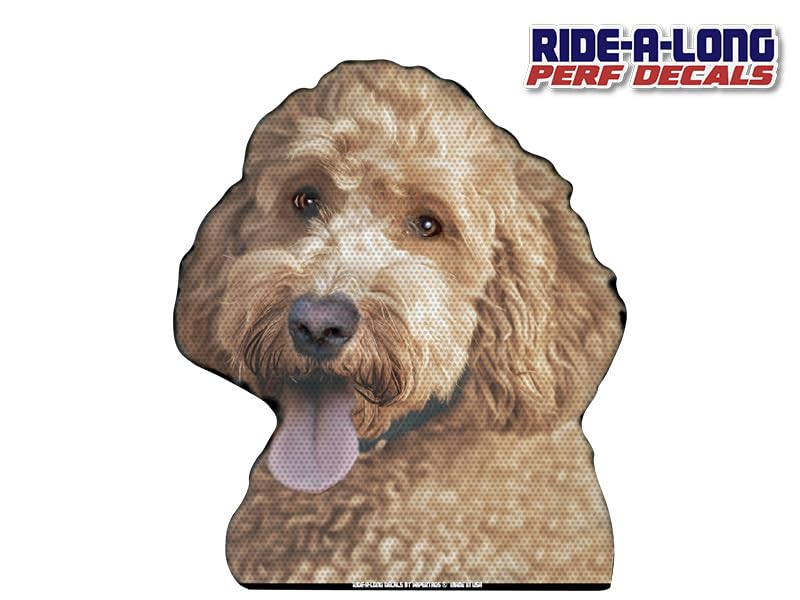 Image of Doodle Dog Labradoodle Ride-A-Long 12 inch Perforated Laminated See Thru Window Decal attaches to Rear Side Window. Made in USA.