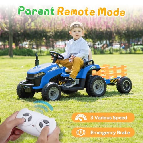 Image of ANPABO 24V Ride On Tractor for Kids w /Detachable Trailer, EVA Tires, Blue
