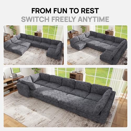 Image of Oversized Modular Sectional Chenille Sofa Bed with Hidden Storage, Comfy Modern 10 Seater Deep Seat Couch, Modular Sectional with Ottoman and Removable Cover for Living Room, Apartment, Gray