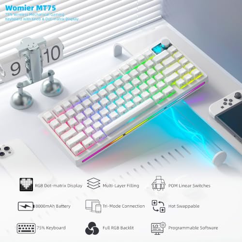 Image of Womier 75% Wireless Mechanical Gaming Keyboard with Knob&Dot-Matrix Display | Bluetooth5.0 /2.4GHz /USB C Thocky Creamy Keyboard for PC Computer, 8000mAh Battery Jelly key board for Win /Mac (MT75-White)
