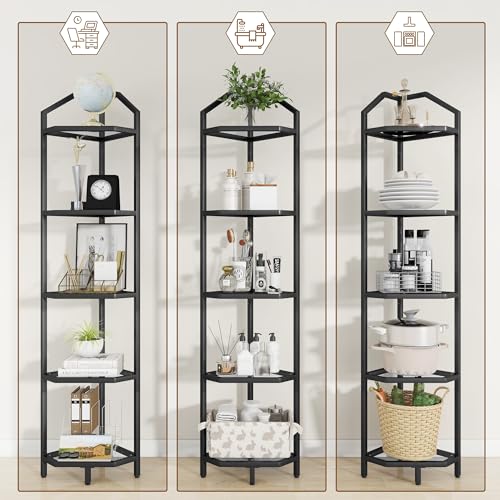 Fun Memories 5-Tier Corner Shelf Stand, Black Corner Bookshelf, Bathroom Storage Rack Shelf, Plant Rack, Tempered Glass, Steel Frame, Modern Style For Living Room, Bathroom, Kitchen, Metallic Black thumb #4