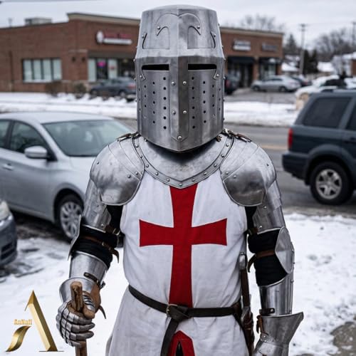 Image of AnNafi Crusader Helmet | Knight Templar Helm | Medieval Armour Wearable For Men Antique Helmets | Combat Free-Size Reenactment SCA LARP Cosplay Costumes Armor Silver | Halloween & Drama Costume