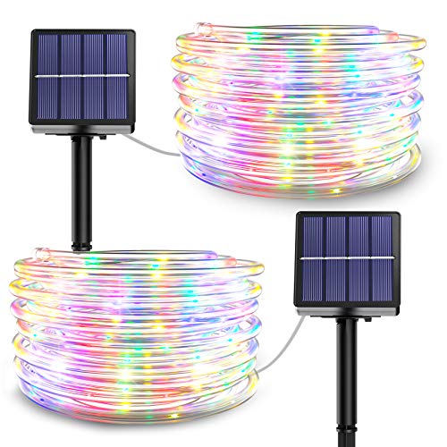 Solar Rope Christmas Lights Outdoor - 2 Pack 100 LED 39.37FT 8 Modes Solar Outdoor Rope Lights Waterproof Tube String Lights for Christmas Tree Garden Fence Yard Outdoor Decorations (Multicolored)