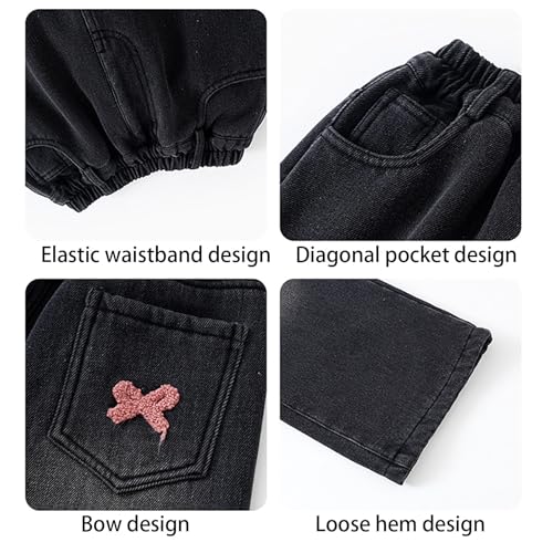 Kids Girls Bows Jeans Baggy Wide Leg Denim Pants Cute Elastic Waist Straight Trousers Trendy Y2k Streetwear with Pockets4