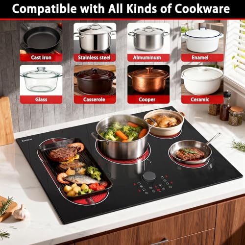 Image of Karinear Electric Cooktop 30 Inch with Magnetic Knob, Bridge BBQ, 5 Burner Radiant Stove Top, 8600W 240V Built-in Hob, 9 Heat Levels, 99-Min Timer, Child Lock, Pause