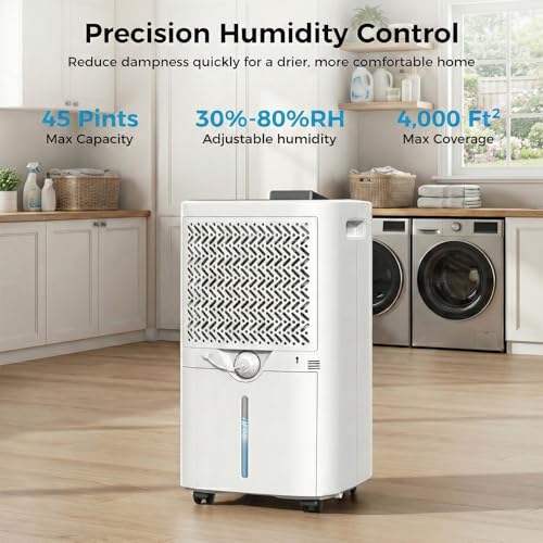 Image of 4000 sq.ft Dehumidifier for Basement, Trazico 45 Pint Dehumidifiers for Home with Drain Hose, Smart Humidity Control, 24H Timer, Auto Defrost, Ideal for Large Room, Bathroom, Bedroom, Garage, Black