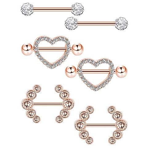 Arardo 14G 316L Stainless Steel CZ Nipple Rings Set Surgical Steel Nipple Barbell For Women Body Piercing Jewelry 6Pcs Rose Gold AB0030-2 Cover