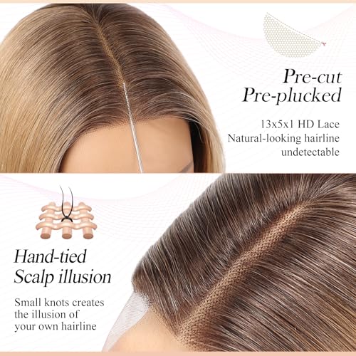 Image of EMMOR Human Hair Wig for Women 13x5x1 Inch HD Lace Front Wig 18 Inch Layered Glueless Wigs Pre-Plucked Hairline Human Hair Blend Premium Synthetic Fiber for Everyday Wear(Ombre Blonde)