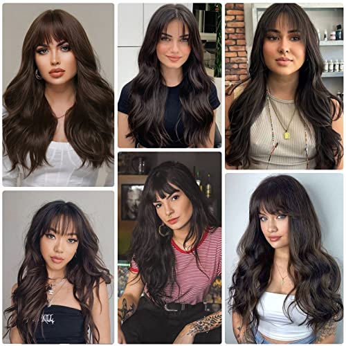 Haircube Dark Brown Long Wavy Wig With Bangs,Long Wavy Wig For Women Synthetic Curly Wavy Wigs Natural Wavy #TOP2