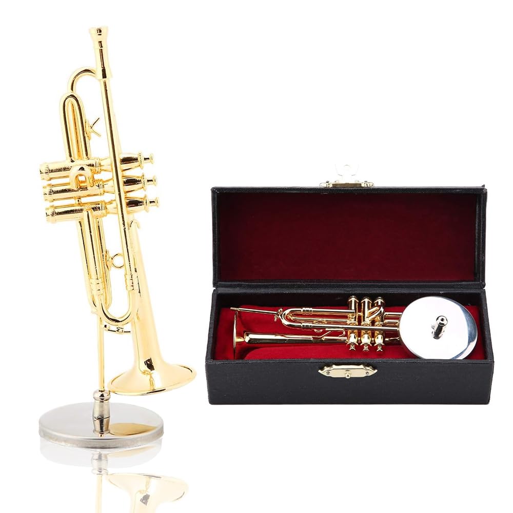 Modèle de Trompette Miniature, Laiton Délicat Doré Mini Trompette Mini Instrument Ornement Décoration Modèle d'Instrument Ornements Musicaux Cadeau Musical avec Support et étui