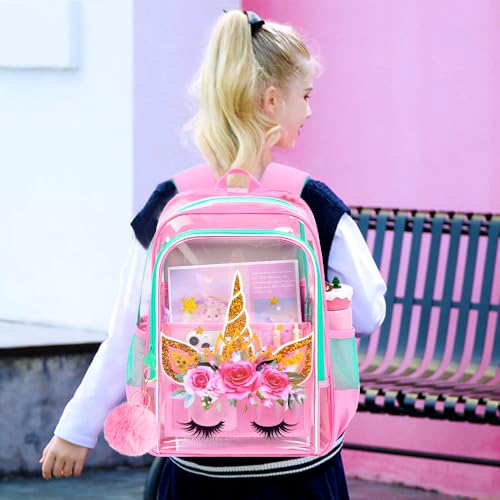 Image of WZLVO Kids Clear Backpack for Girls, 16 inch Heavy Duty PVC Transparent Bookbag with Frame Reflective Strip, Cute See Through School Bags for Elementary Preschool - Unicorn Pink