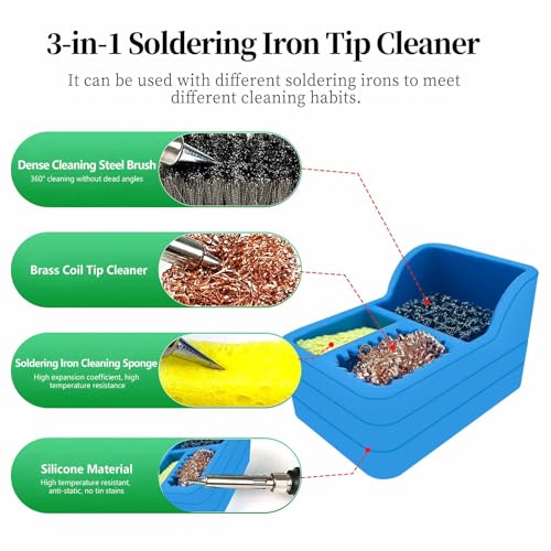 Image of Solder Tip Cleaner Soldering Iron Cleaner, Solder Sponge and Brass Wool and Dense Cleaning Steel Brush in Silicone Holder