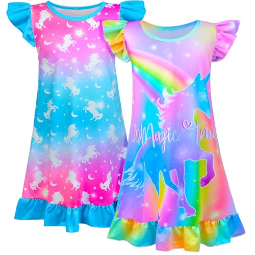 Fiodrimy 2Pcs Girls Nightgowns 3-8 Years Unicorn Sleepwear Night Sleep Dress Pajamas Little Kids Toddler Soft Nightgown