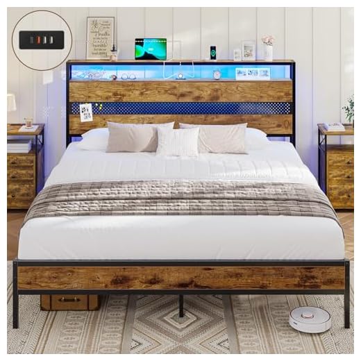 AOGLLATI Lit 160 x 200 avec Sommier Métal,Cadre de Lit 2 Personnes avec LED et Multiprise (3 Ports USB et 1 Type-C), 30cm Espace de Rangement,Marron Vintage/Noir