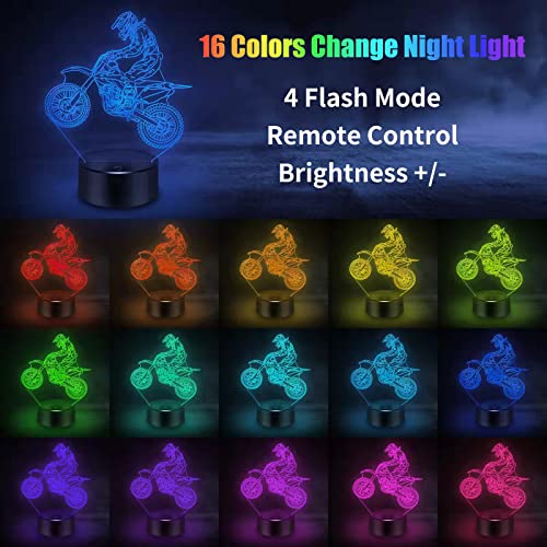 Image of BASSI Dirt Bike Gift 3D Night Light, 16 Colors Changes Remote Control Motorcycle Lamp, LED Dirtbike Decor Toys for Boys Girls Room Birthday Xmas for Kids