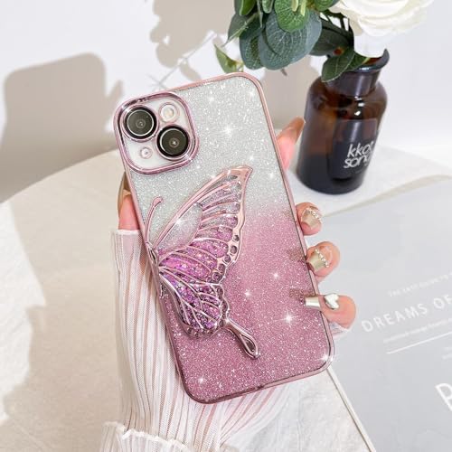 Image of SHINESTAR 3D Butterfly Case for iPhone 14, Cute Girly Glitter Bling Luxury Back Cover for Women Girls Protective Shockproof Slim Camera Protection (for iPhone 14 - Pink
