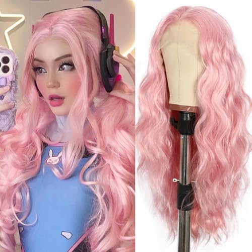 SAPPHIREWIGS Pink Wavy 13×4 Synthetic Lace Front Wigs for Women 26 Inch