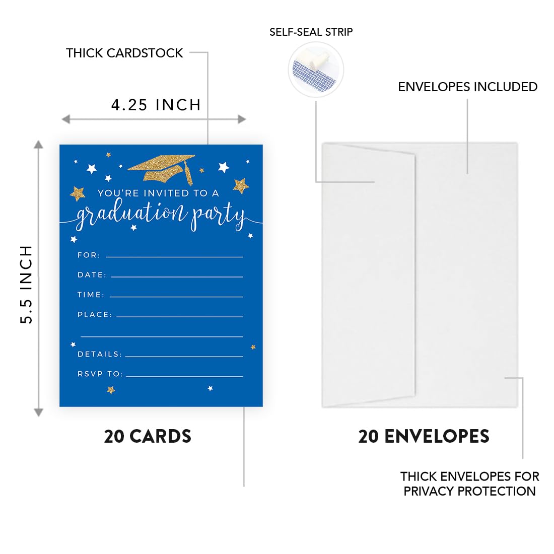 Andaz Press Gold Glittering and Royal Blue Graduation Invitations 2025 with envelopes, 20-Pack Graduation Party Decorations 2025 Grad Party Invitation, Invitaciones Para Graduacion Class of 2025