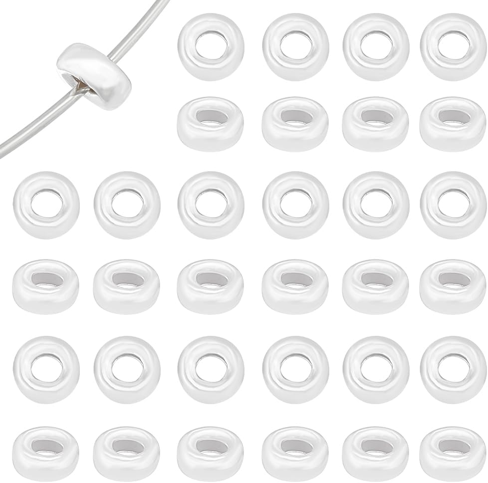 BENECREAT 30Pcs 925 Sterling Silver Spacer Beads, 4.5x2mm Flat Round Rondelle Spacer Bead Heishi Loose Beads for DIY Bracelet Necklace Jewelry Making Finding