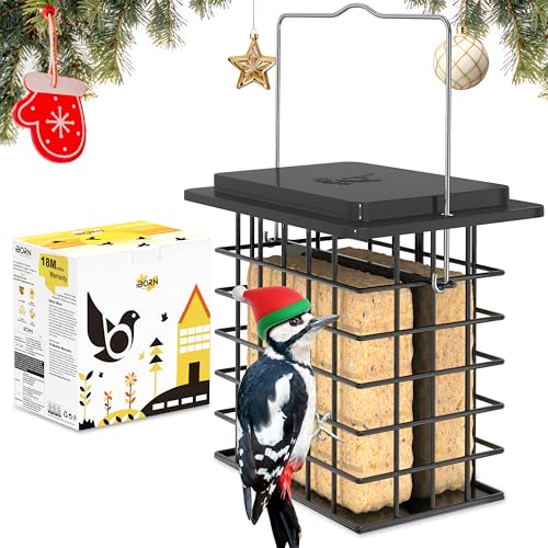 iBorn Suet Feeder for Outside Hanging,Suet Bird Feeders for Outdoors,Suet Holder with Taller Grid for Woodpecker,Suet Cage Bird Feeder,Weatherproof Metal Roof,All Metal,Double Capacity,1 Pack,Black