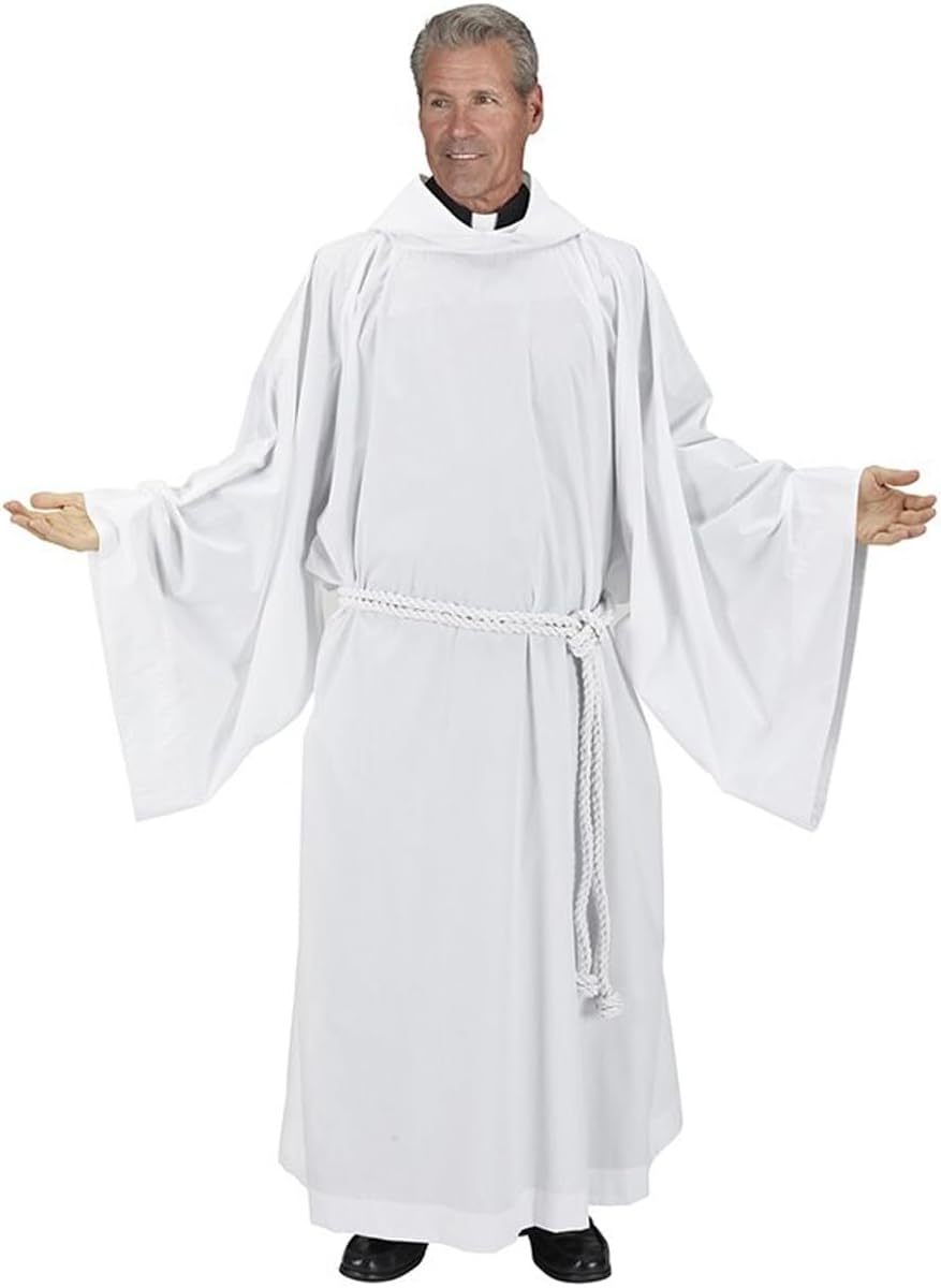 Trinity Church Supply Hooded Monastic Alb Catholic Christian Vestment Church Pastor Clergy Gift, White Color, Size - Large