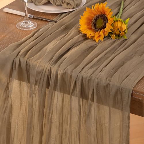DeZerlor Nude Cheesecloth Table Runner Summer Sheer Coffee Cheese Cloth Table Runner Boho Gauze 120 Inches Summer Table Decorations for Nude Wedding Bridal Baby Shower Tea Party Decor
