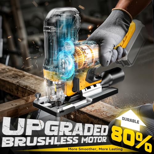 Image of Ecarke Cordless Jig Saw Compatible With Dewalt 20V, Brushless Motor 3800RPM, 7 Speeds Dial Control, Free-Tool ±45 Bevel Cuts, 4 Orbital Action, Dust Blows and 6 Blades For Cutting, Tool Only