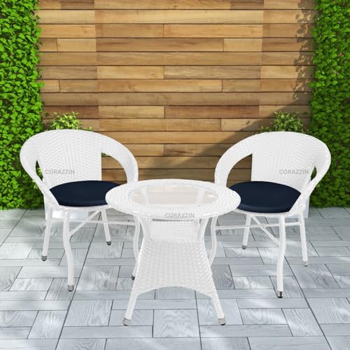 Image of Rattan Wicker Garden Patio Seating Chair and Table Set for Outdoor Balcony Garden Coffee Table Set Furniture with 1 Table and 2 Chair with Blue Cushion (White)