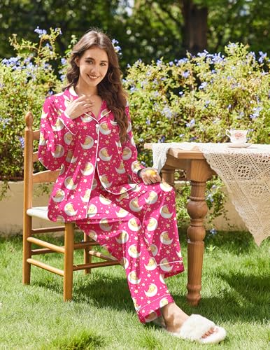 Image of Ekouaer Womens Satin Pajama Set Classic Pattern Silky Pj Sets Button Down Sleepwear Loungewear