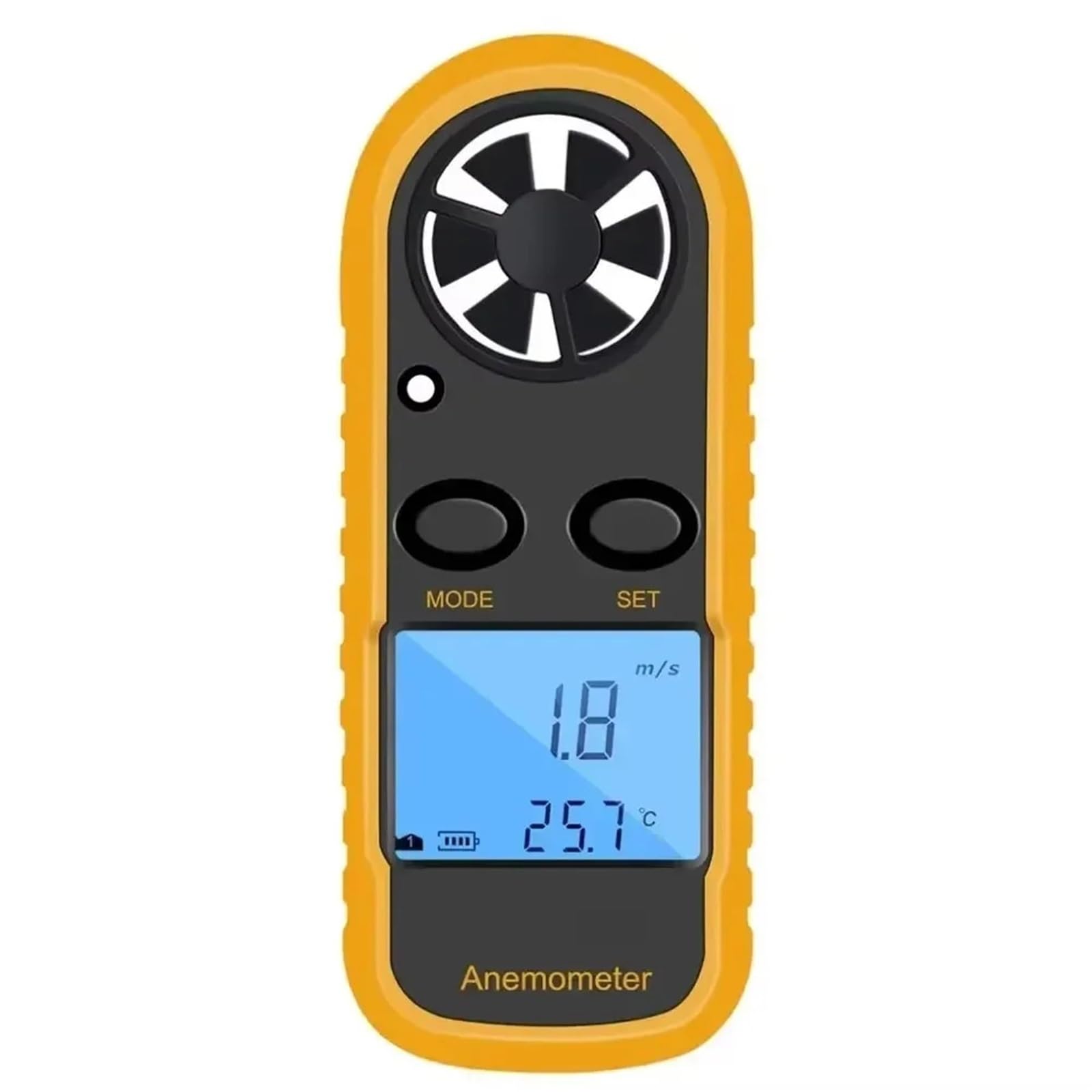 Anemómetro digital portátil for medir la velocidad del viento y la temperatura.