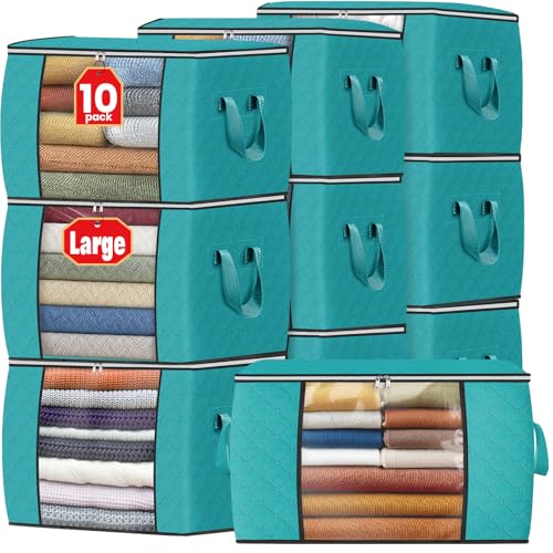 Image of Fab totes 24 Gallons Clothes Storage, Foldable Thick Fabric Blanket Storage Bags, Containers for Organizing Bedroom, Closet, Clothing, Comforter, Organization with Handle (10 Pack,Green)