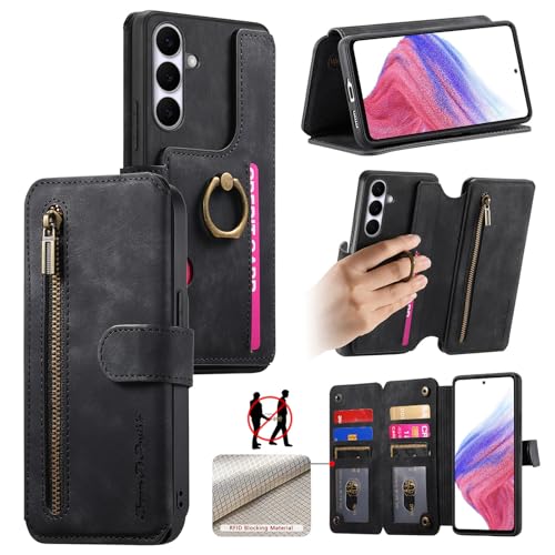Trugox Zip Wallet Case for Samsung Galaxy S25 FE / S25FE 5G Phone Case with Ring Stand RFID Blocking Safe Card Holder Leather Purse Folio Book Folding Flip Case Cover Women Men - Black
