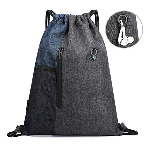 SeBeLi Turnbeutel Rucksack mit Kopfhörerloch Sport für Damen Herren mit Reißverschluss und Netztaschen Travel Beach Hiking, 43x33cm (Blau)