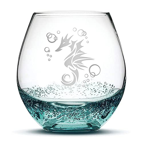 Integrity Bottles Tribal Seahorse Design Stemless Wine Glass, Handmade, Handblown, Hand Etched Gifts, Sand Carved, 18oz (Bubble Teal)