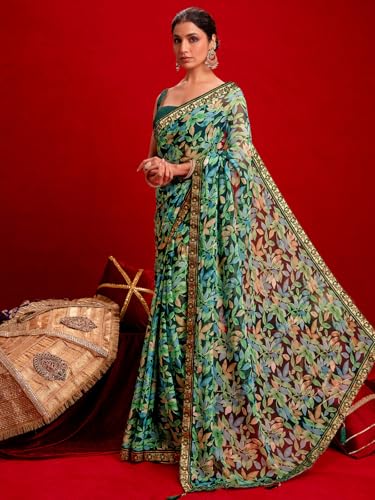 Image of SIRIL Women's Chiffon Printed Saree With Unstitched Blouse Piece