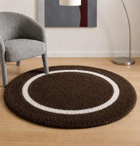 Image of Xenluxe Shaggy Polyester Microfiber Round Rug Carpet for Living Room | Ultra Soft Fluffy Plush Area Rug | Anti-Skid Non-Slip Backing | Washable Carpet for Bedroom- (3x3 feet, Ring Coffee, Round)