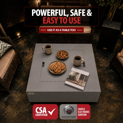 Image of AMS Creations | Brooklyn 40 inch Bundle Square Propane Gas Outdoor Fire Pit Table | Light Gray Concrete GFRC | Limestone Texture Surface Fire Pit Table
