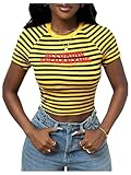 SOLY HUX Women's Striped Graphic Cropped T Shirts Y2k Short Sleeve Fitted Tee Tops Yellow Striped Large