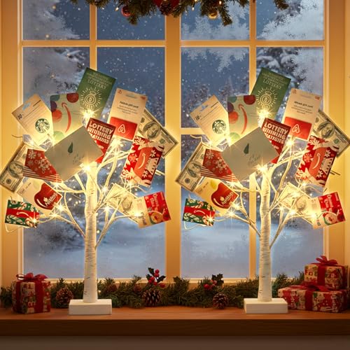 EAMBRITE Money Tree Gift Holder, Gift Card Tree 2FT 24LED, Lighted Birch Trees Battery/USB Powered Timer Photo Display with 12 Clear Clips and 12 Cards for Home Christmas Halloween Picture Memo 2 Pack