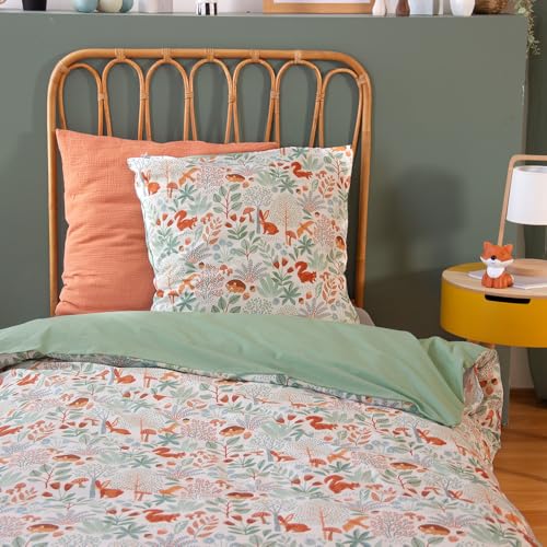 CÔTE DECO Parure de Lit Imprimée 140x200 cm Enfant - Housse de Couette 140x200 cm + 1 Taie d'oreiller 63x63 cm Motif Animaux de la Forêt Vert Marron et...