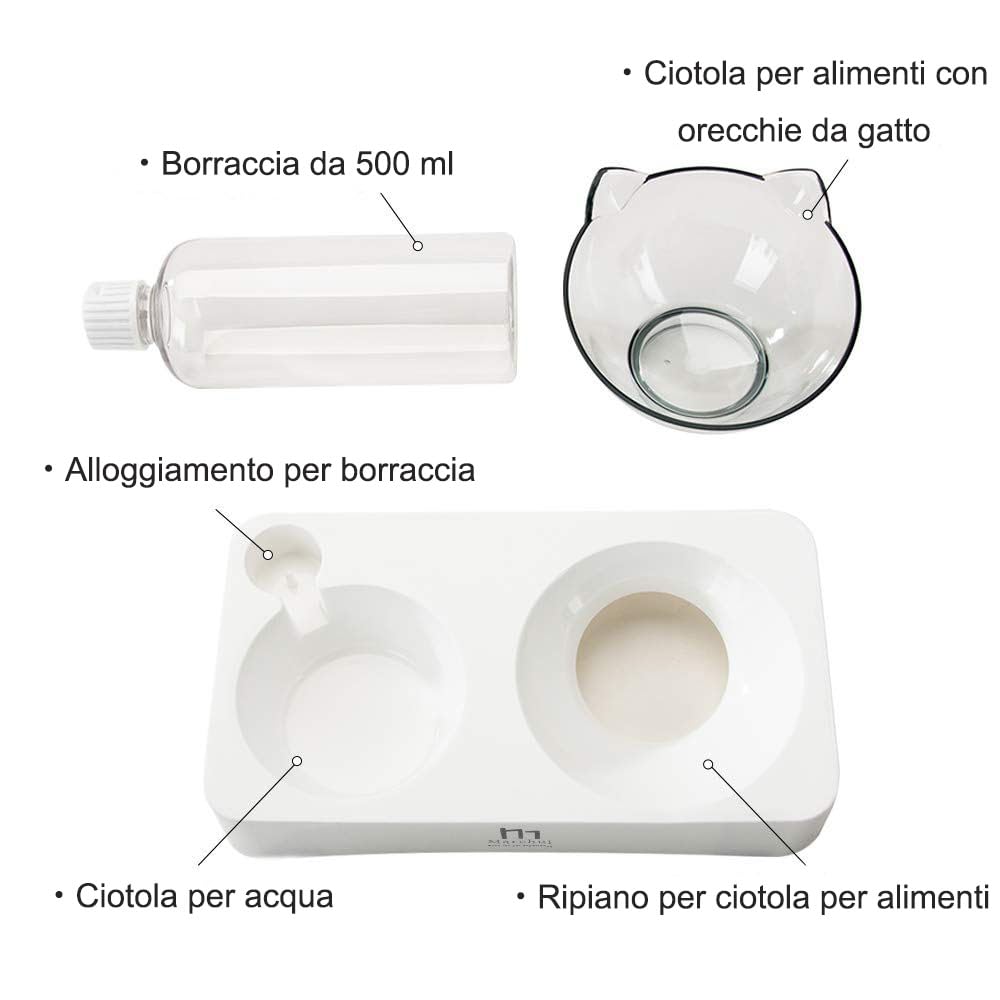 Marchul Ciotole per Gatti con Tappetino, per cibo, con Distributore Automatico di Acqua, Rialzate, 15° Inclinate, Doppio, per Cuccioli