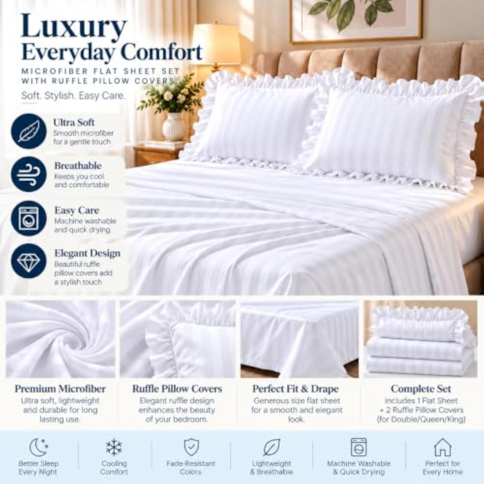 Microfiber Flat Bed Sheet with Ruffle Pillow Cover