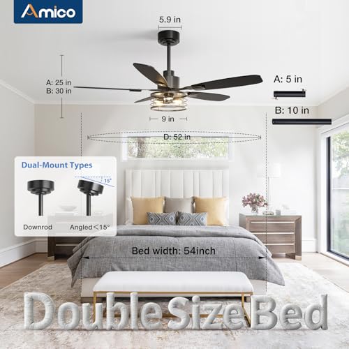 Image of Amico 52 Inch Farmhouse Ceiling Fans with Lights and Remote, Black Caged | E12 Replaceable Bulbs, Downrod Mount, Remote, Quiet Reversible Motor, Timer, Bedroom, Living Room, Covered Outdoor Spaces