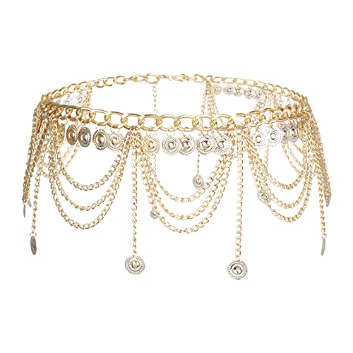 MEGAUK Women's Retro Chain Belt Coin Belt Fringe Belly Dance Belt Metal Waist Belt Waist Belt, 07096 gold, One size