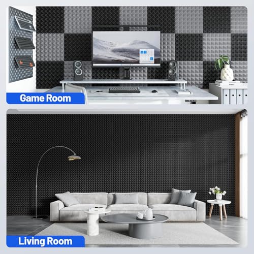 Image of URBAN-X Pyramid Acoustic Foam Panels 12 inch X 12 inch X 2 inch, 38 Kg /m High Density Soundproofing Studio Foam for Noise & Echo Reduction, Sound Absorption, 3D Design (Charcoal Black, Set of 9)
