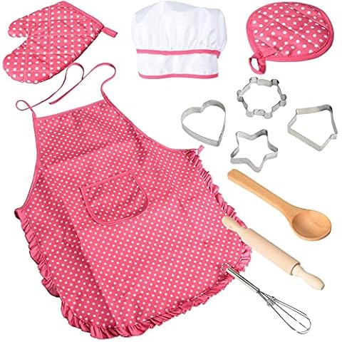 Acekid Chef Set for Kids,11pcs Kitchen Costume Role Play Kits, Girls Apron with Chef Hat,Cooking Mitt and Cookie Cutters (Rose red) Cover