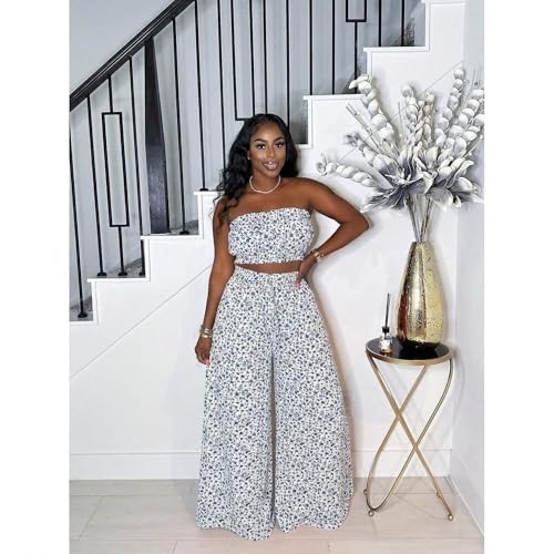 Image of Two Piece Sets for Women Summer Outfits Crop Tops and Wide Leg Pants Sets Sexy Jumpsuits Vacation Outfits with Pockets