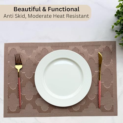 Image of Livmodern Premium PVC Dining Table Mats | Woven PVC Brown placemats| Anti Skid | Wipeable & Washable Set of 6- Bronze Clover